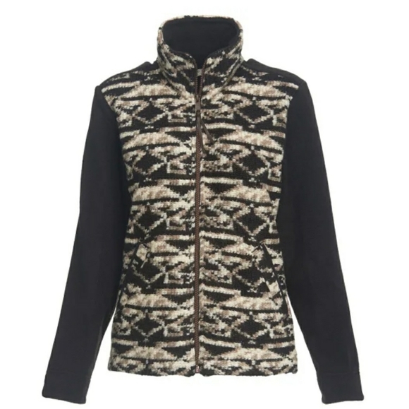 Woolrich Northglen Wool Fleece Zip Up Jacket Womens M Knit Black White 2 Pocket - Picture 1 of 11